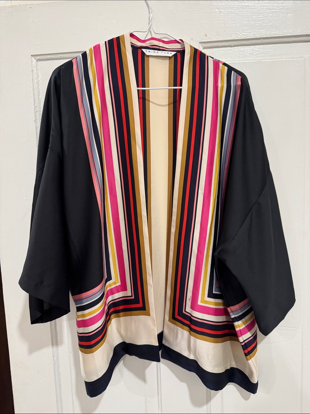 Trina Turk Black Open-Front Kimono Jacket with Multicolor Stripes